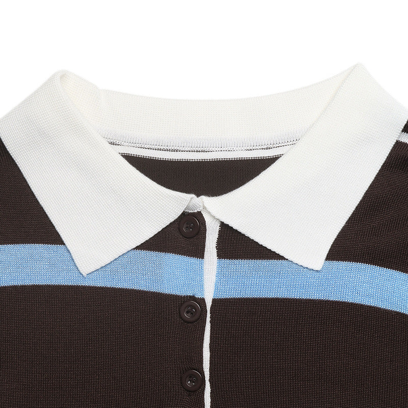 Striped Knit Polo Sweater Colorblock Long Sleeve