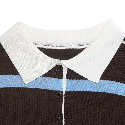 Striped Knit Polo Sweater Colorblock Long Sleeve