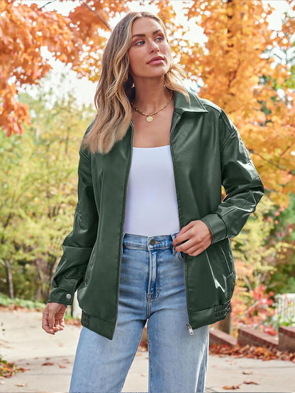 Women's Oversized Faux Leather Moto Jacket Zip Up