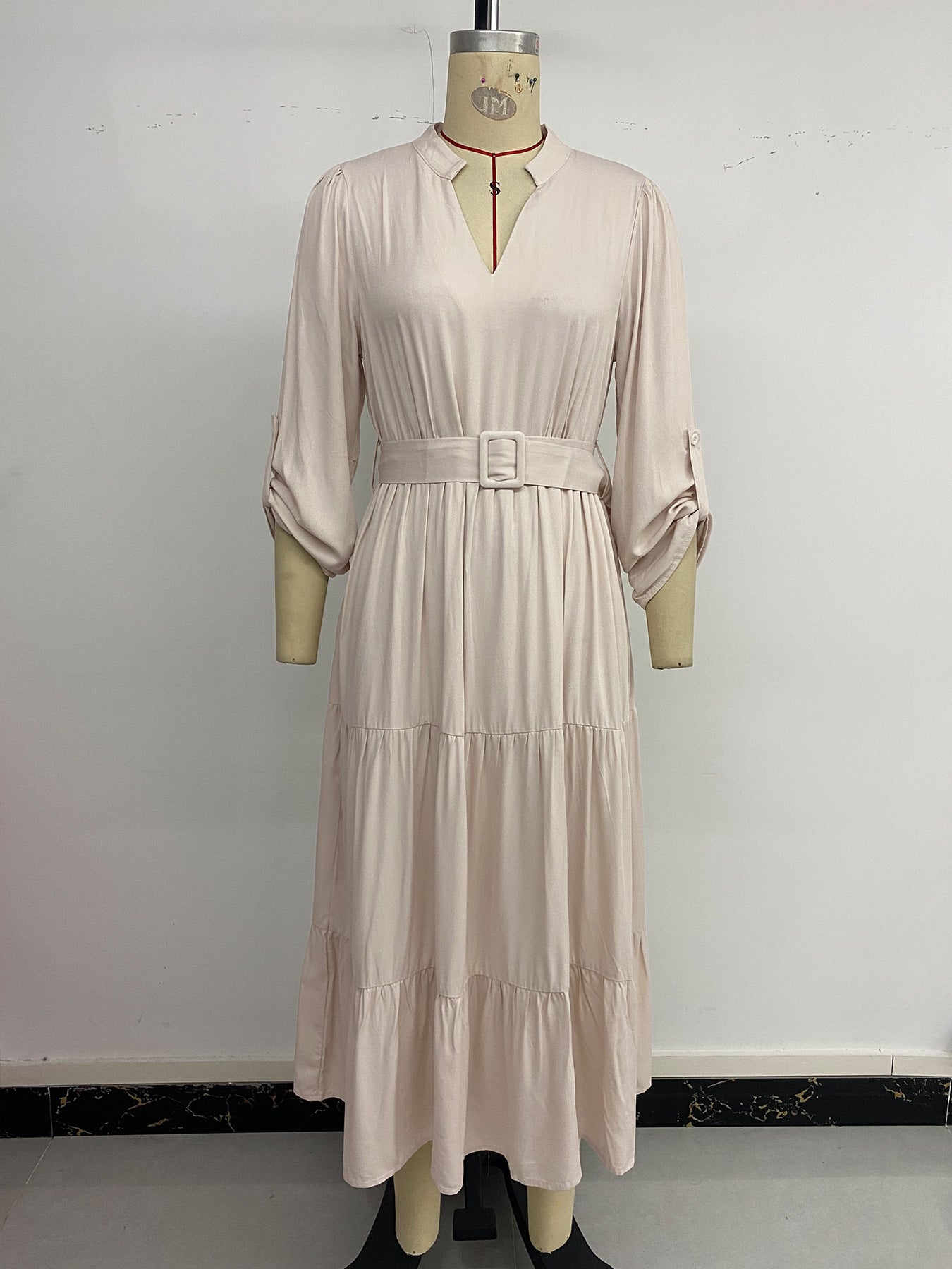 Women's Belted Tiered Maxi Dress Long Sleeve V Neck Casual