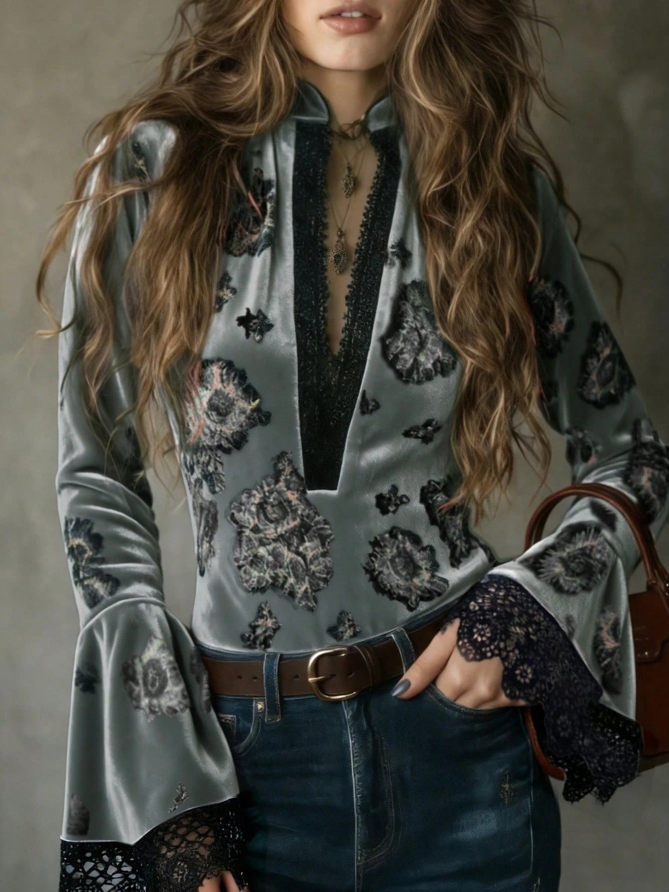 Women's Floral Lace V-Neck Bell Sleeve Blouse