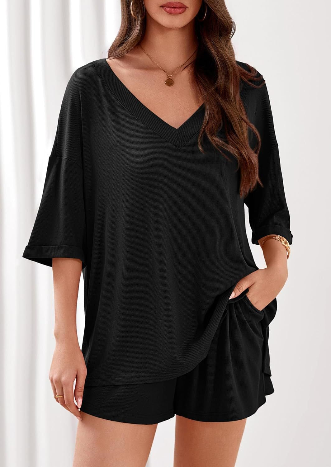 Ribbed V Neck Lounge Set Oversized Top Shorts Set