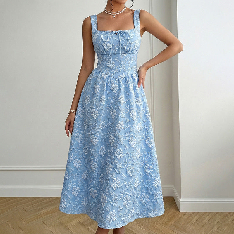 Blue Jacquard Square Neck Dress Sleeveless A-Line Mid-Length