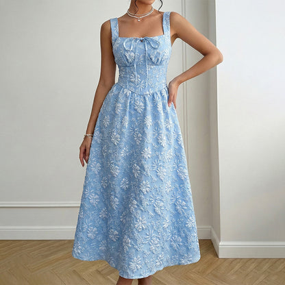 Blue Jacquard Square Neck Dress Sleeveless A-Line Mid-Length