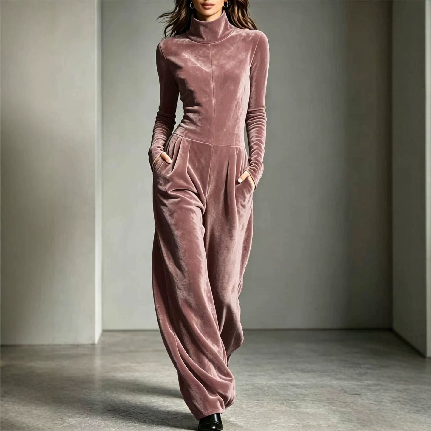 Women's Velvet Turtleneck Jumpsuit Long Sleeve Wide Leg