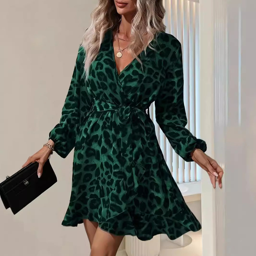 Leopard Print V-Neck Long Sleeve Tie Waist Ruffle Dress
