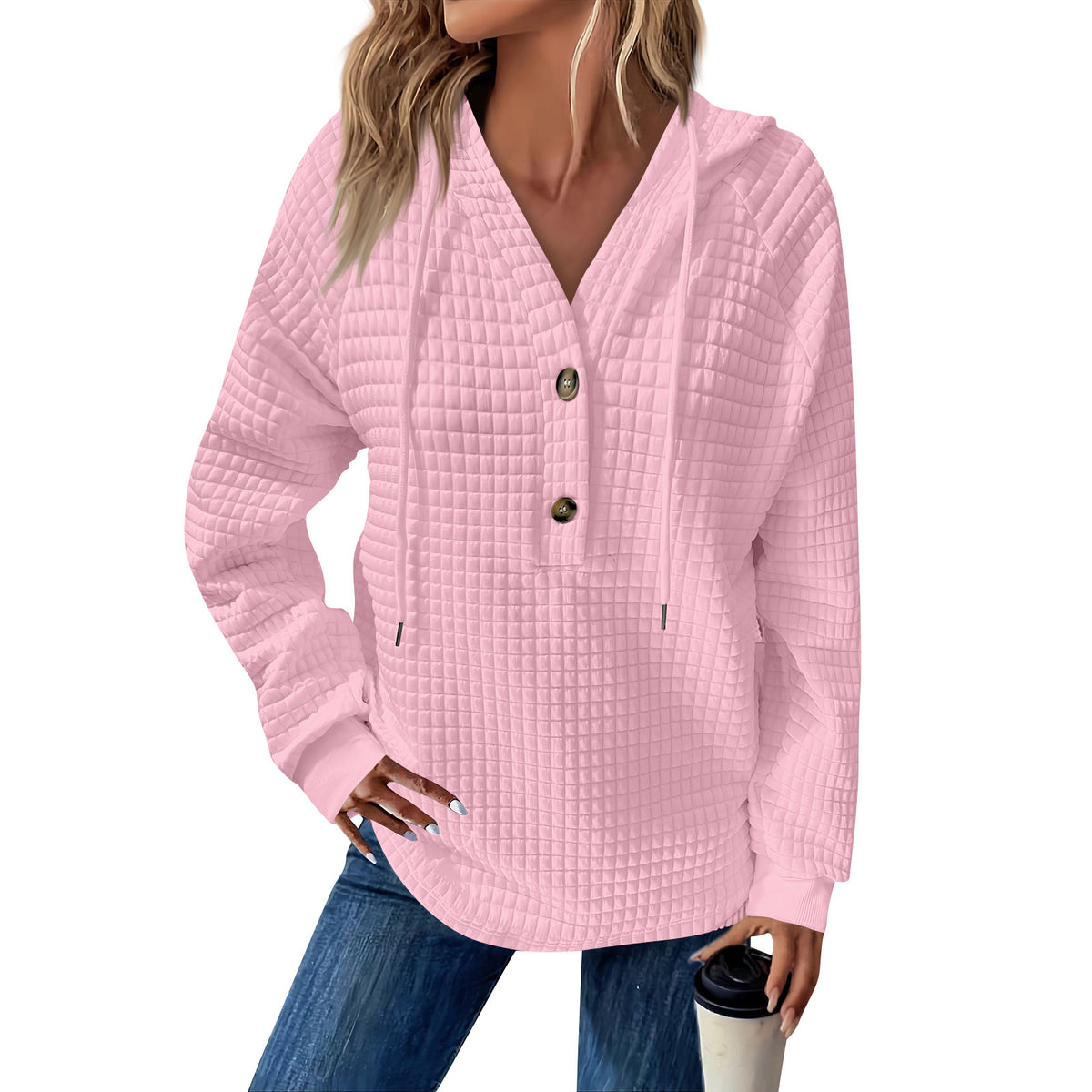 Women's Quilted V-Neck Button Hoodie Oversized Pullover
