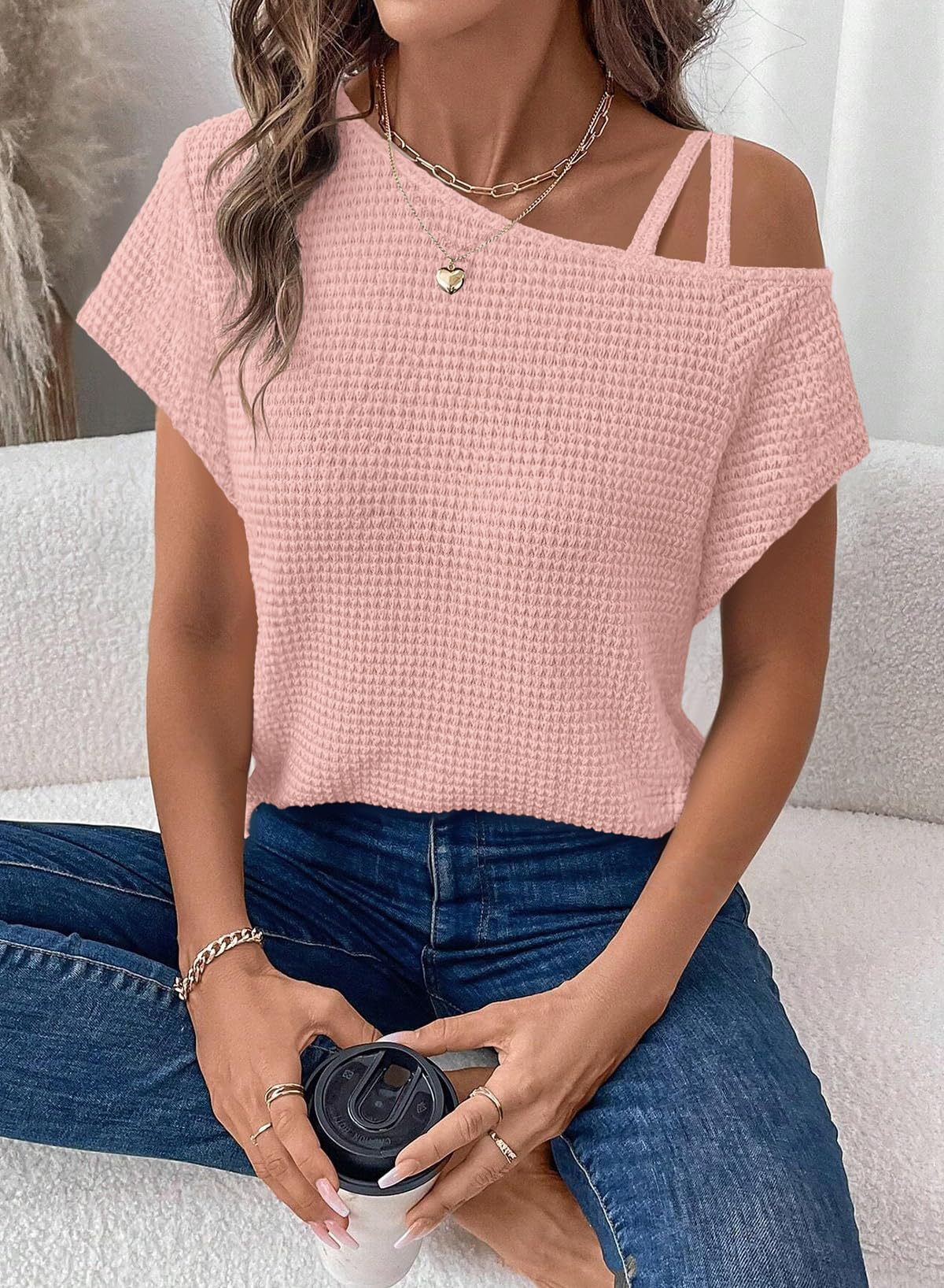 Women's Off-Shoulder Knit Top – Casual Summer Short Sleeve Blouse