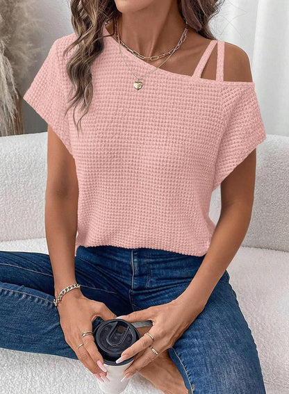 Women's Off-Shoulder Knit Top – Casual Summer Short Sleeve Blouse