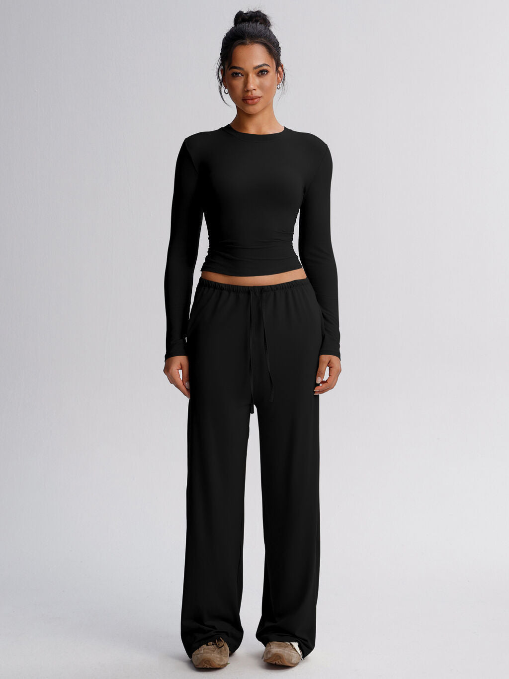 Women's Solid Wide Leg Sweatpants Two Piece Set