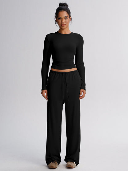 Women's Solid Wide Leg Sweatpants Two Piece Set