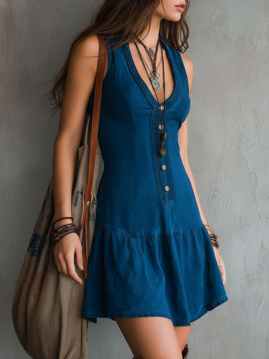 Women's Sleeveless U-Neck Button Front Lace Mini Dress