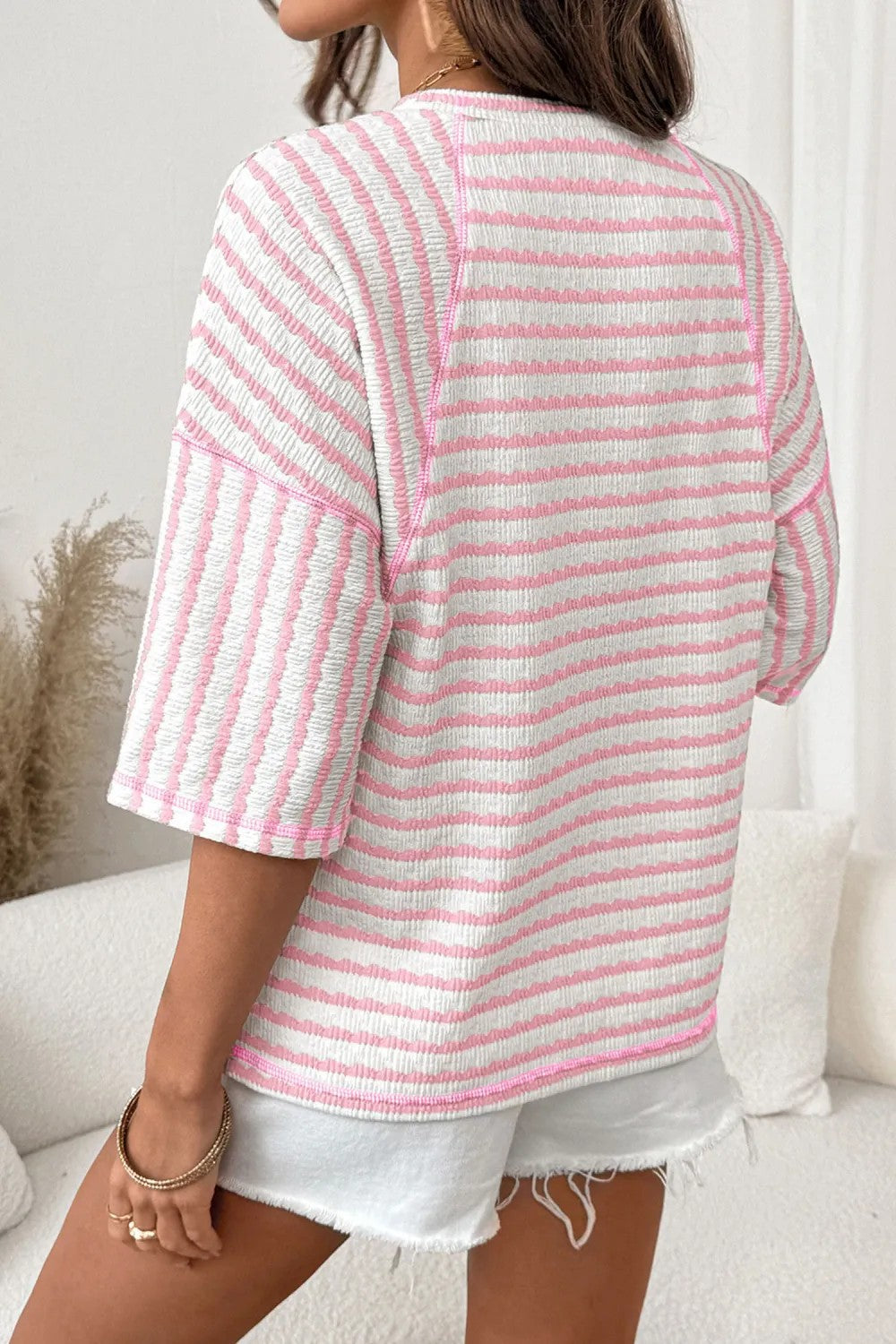 Striped Cotton Blend Tee Casual Half Sleeve Top