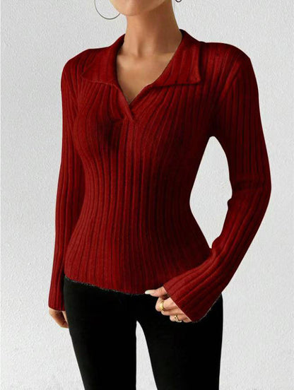 Women's Ribbed Knit Collared V Neck Long Sleeve Top