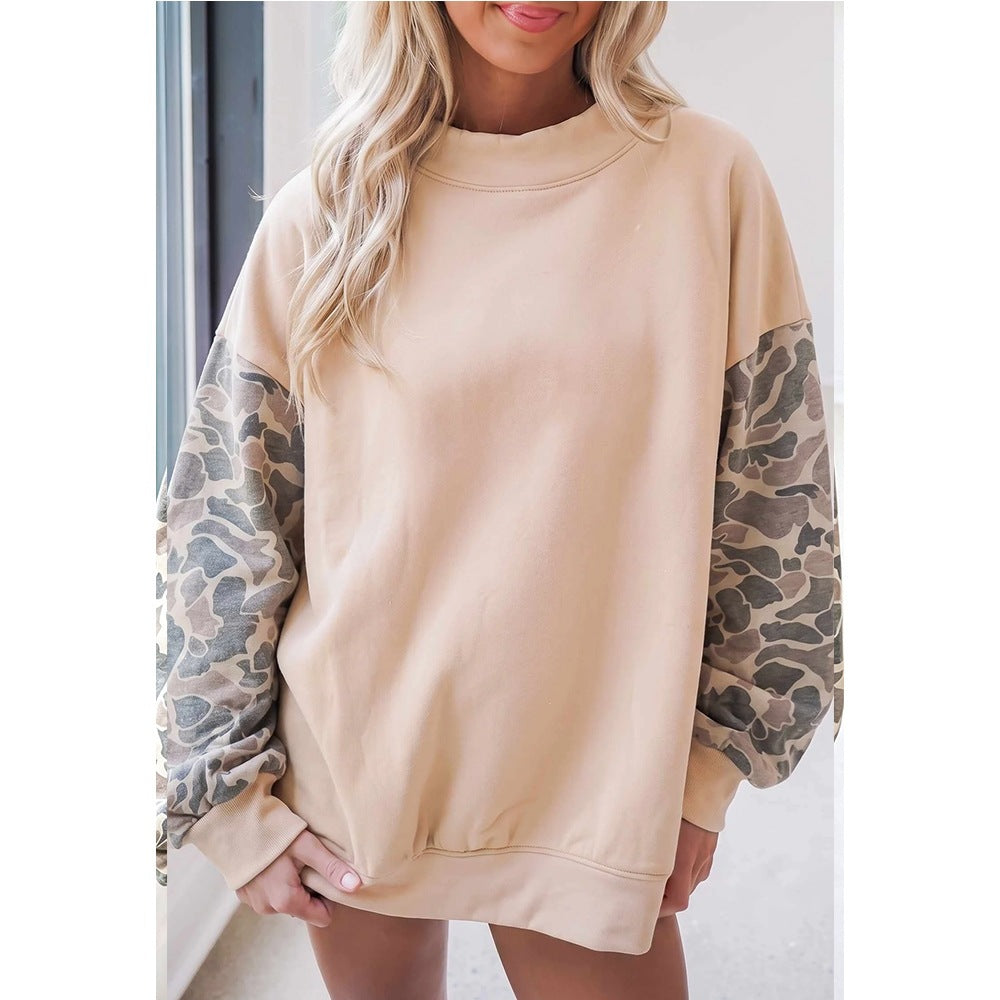 Oversized Camo Sleeve Mock Neck Fleece Sweatshirt