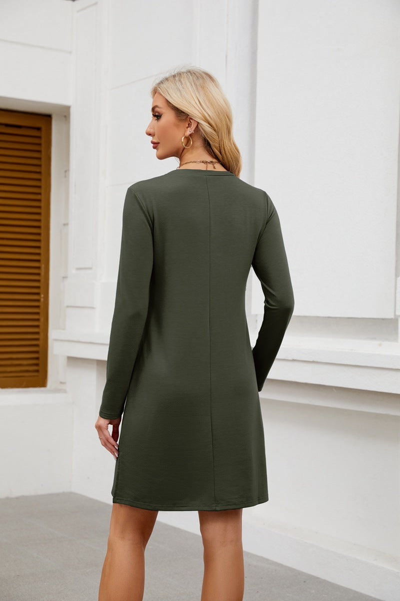 Crew Neck Long Sleeve Sweatshirt Dress with Split Hem