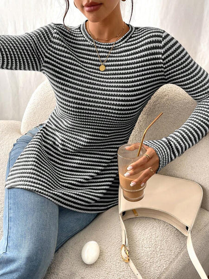 Striped Ribbed Knit Long Sleeve Side Slit Casual Top