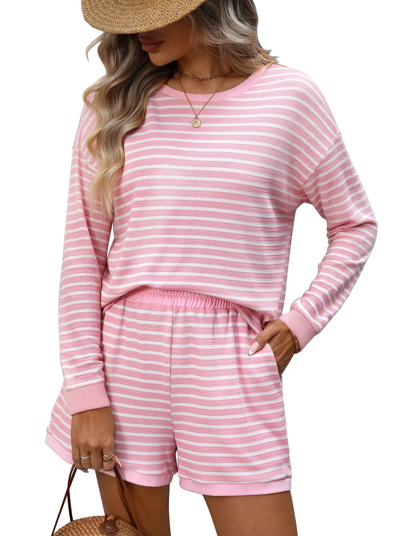 Striped waffle knit top and shorts two piece set