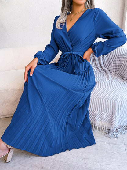 V-Neck Wrap Pleated Maxi Dress Long Sleeve Tie Waist