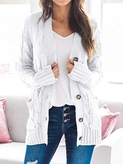 Womens Chunky Cable Knit Button Cardigan Sweater Pockets