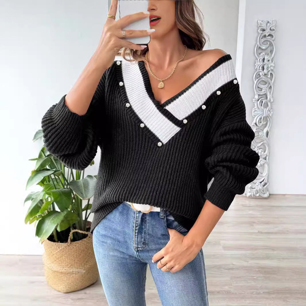 Pearl Bead Women's Clothing Contrasting Color Splicing Large V-neck Loose Pullover Sweater