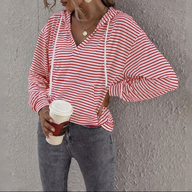 Women Striped Hoodie V-Neck Long Sleeve Oversized Pullover