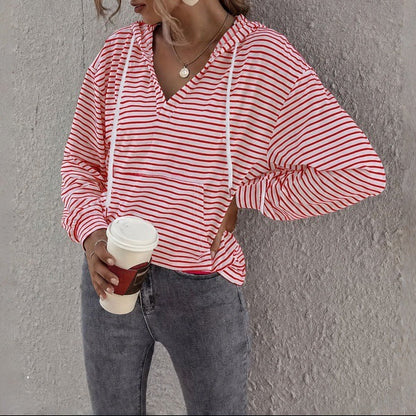 Women Striped Hoodie V-Neck Long Sleeve Oversized Pullover