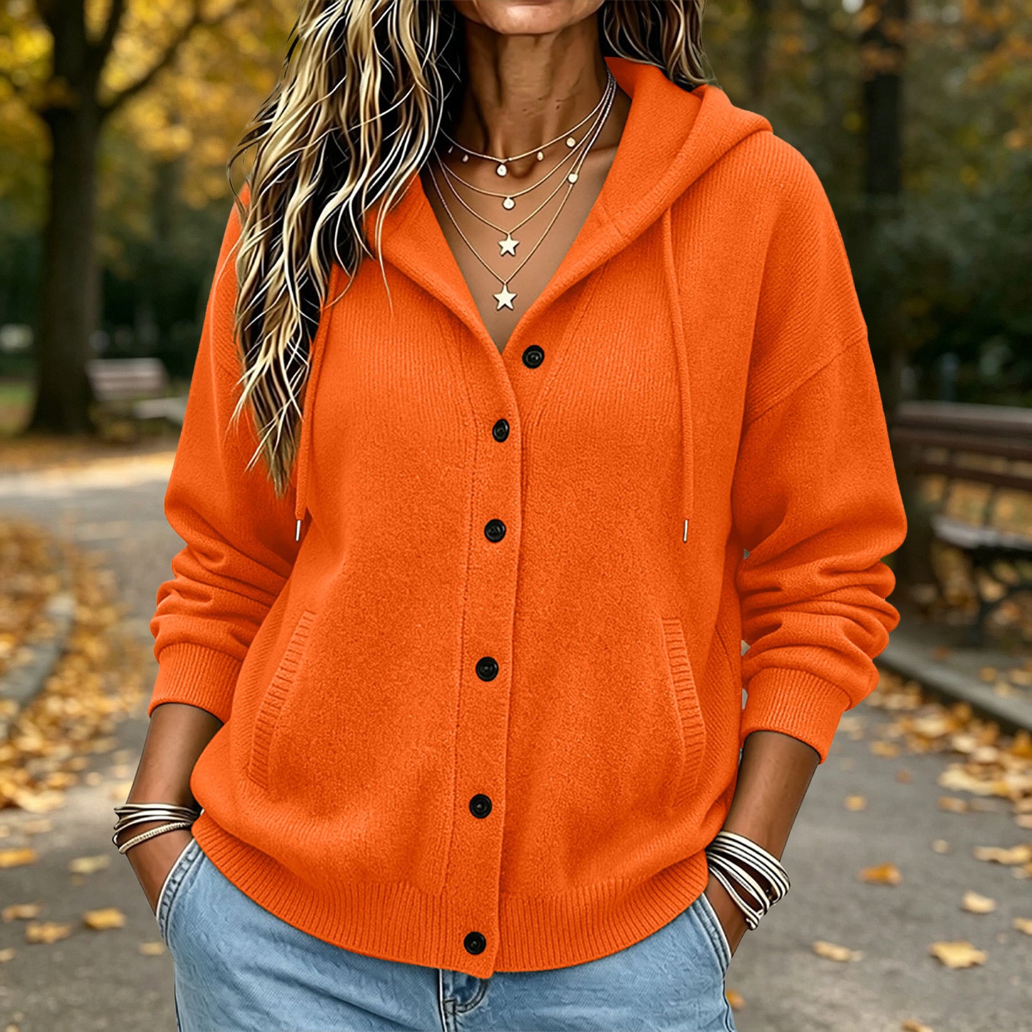 Women's Hooded Button Front Knit Cardigan Sweater Pockets