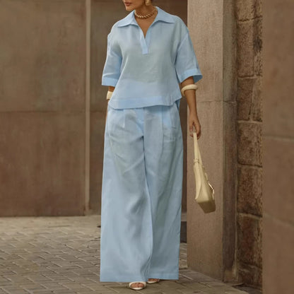 Women's Linen 2 Piece Set Wide Leg Pants Collared Top