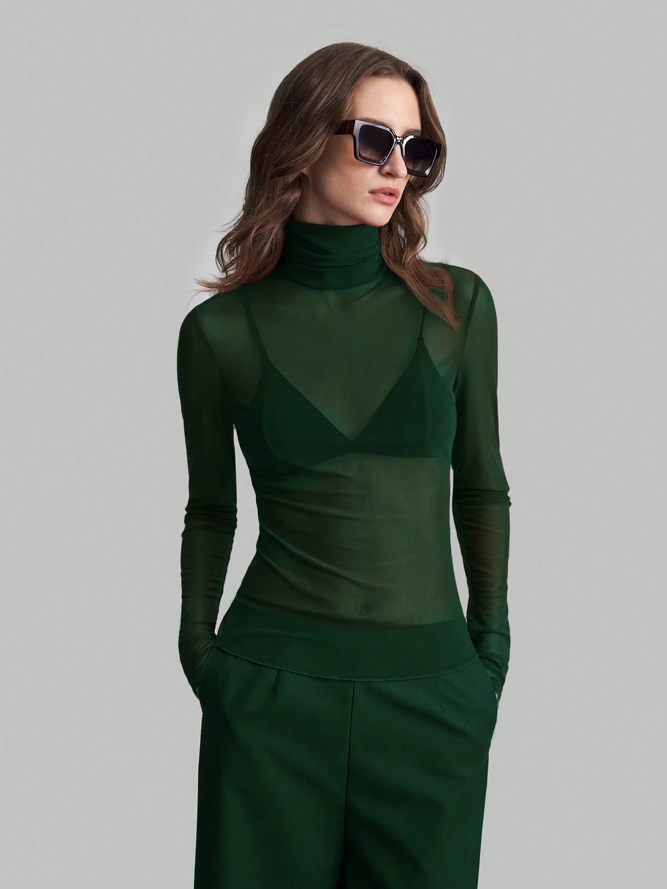 Solid Mesh Turtleneck Top Long Sleeve Fitted Blouse