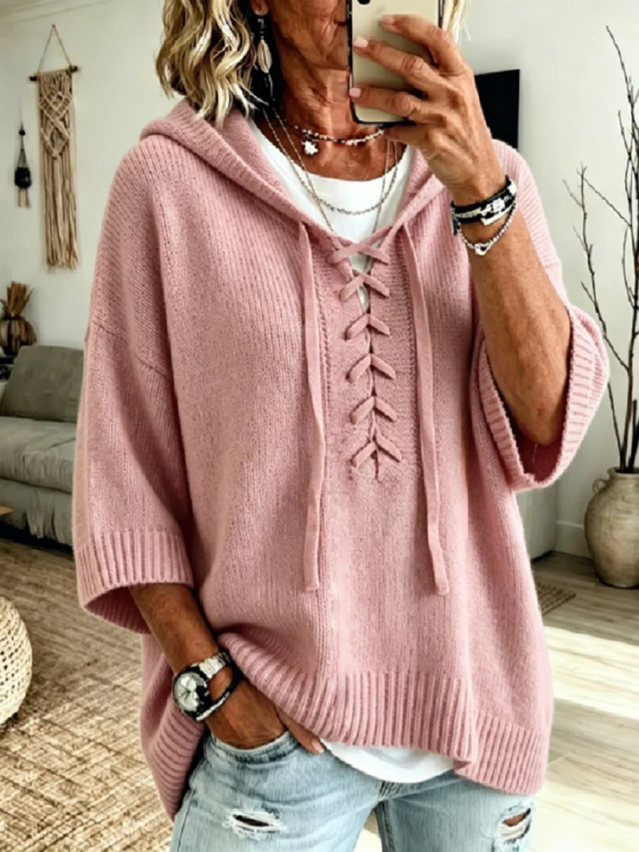 Oversized Hooded Knit Sweater Lace Up Front