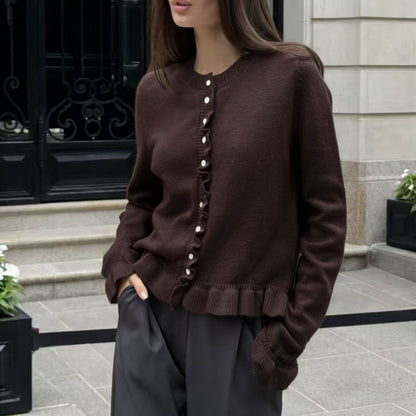 Ruffle Trim Knit Cardigan Button Front Long Sleeve Sweater