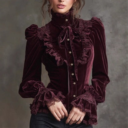 Victorian Gothic Velvet Puff Sleeve Ruffle Blouse