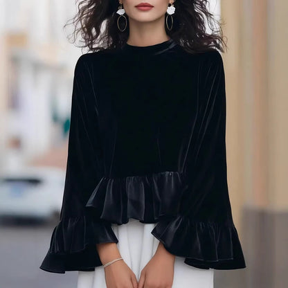 Women's Velvet Peplum Ruffle Long Sleeve Top