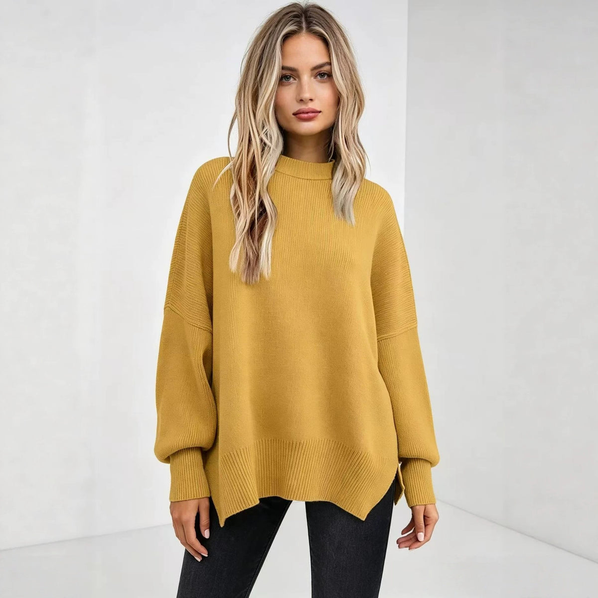 Women's Oversized Batwing Sweater Side Slit Pullover