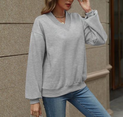Colorblock V Neck Fleece Sweatshirt Women Casual Pullover Top