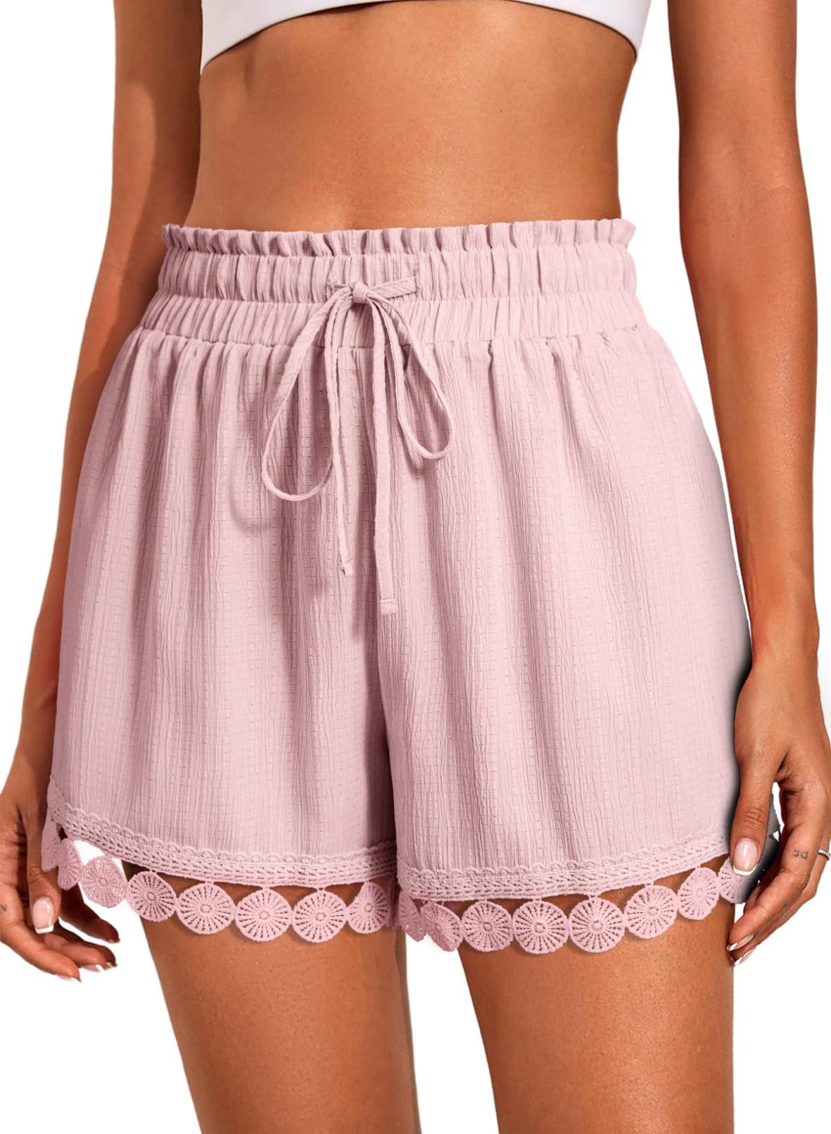 Lace Trim Drawstring Shorts Casual Beach Summer Bottoms