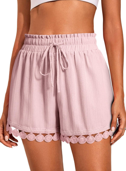 Lace Trim Drawstring Shorts Casual Beach Summer Bottoms
