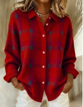 Plaid Collared Button Front Knit Cardigan