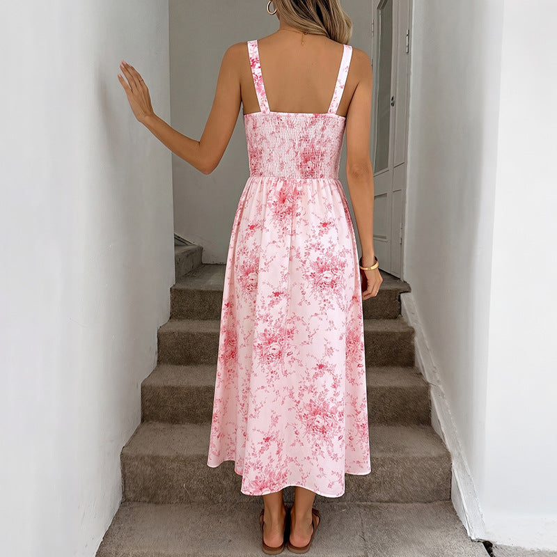 Printed Square Neck Spaghetti Strap Long Dress Elegant Fit