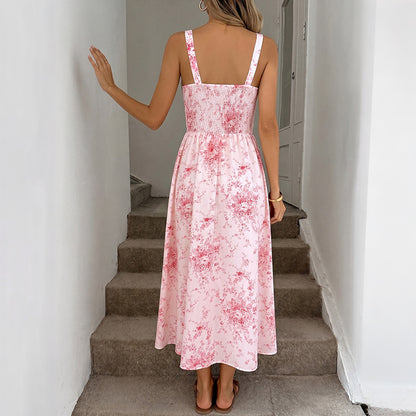Printed Square Neck Spaghetti Strap Long Dress Elegant Fit