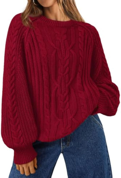 Women's Oversized Cable Knit Crew Neck Pullover Sweater