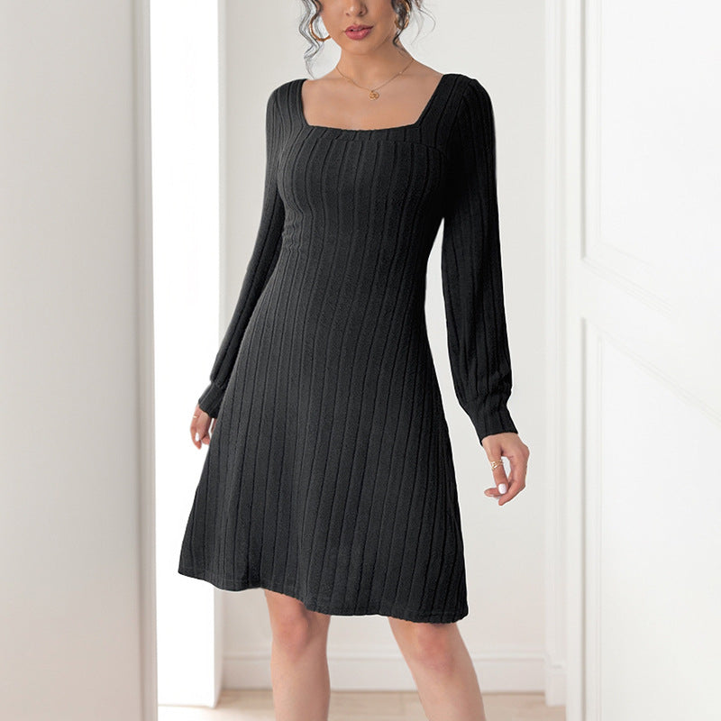 Knitted Skirt Polished Split V-neck Solid Color Long-sleeved Autumn Dress