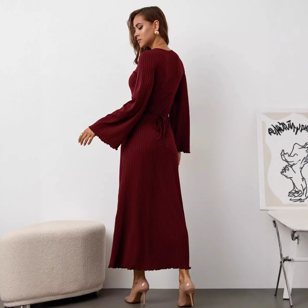 Long Sleeve U Neck Ribbed Knit Tie Back Maxi Dress