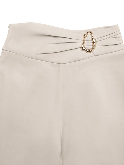 Solid High Waist Wide Leg Dress Pants Metal Buckle