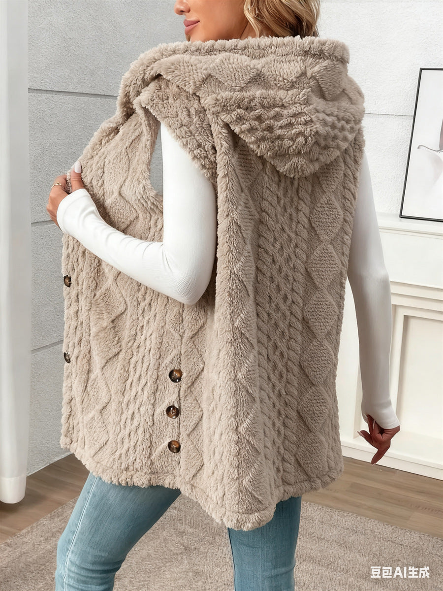 Women's Hooded Fleece Button Front Vest Cardigan