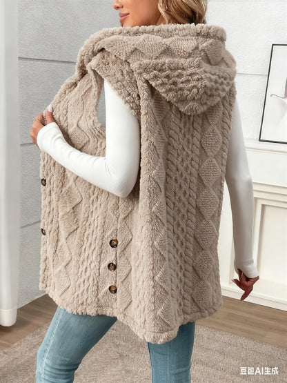 Women's Hooded Fleece Button Front Vest Cardigan