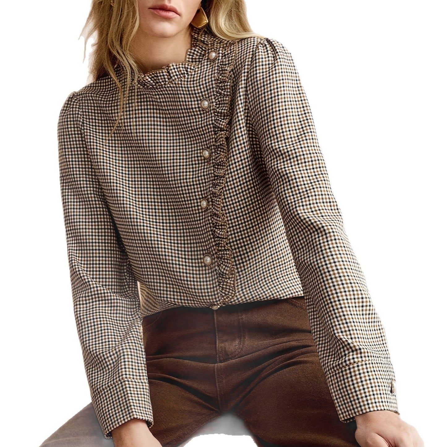 Women's Houndstooth Ruffle Button Up Blouse Long Sleeve