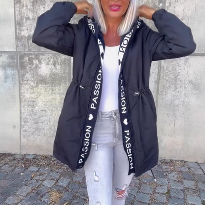 Women Hooded Long Puffer Jacket Letter Tape Drawstring Coat