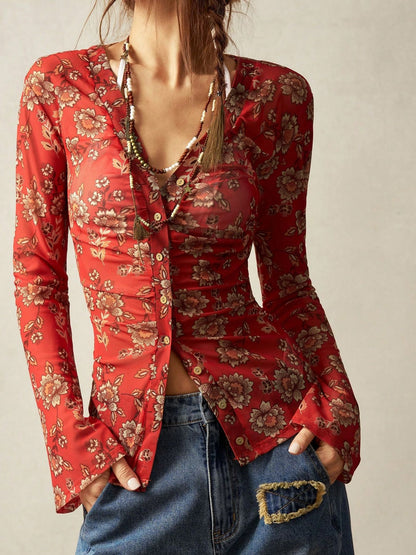 Vintage Floral Print V Neck Button Front Slim Fit Blouse